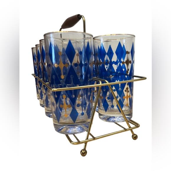 MCM Vintage Highball Glasses Blue Diamond Set of 8 With Cabby - Picture 2 of 7